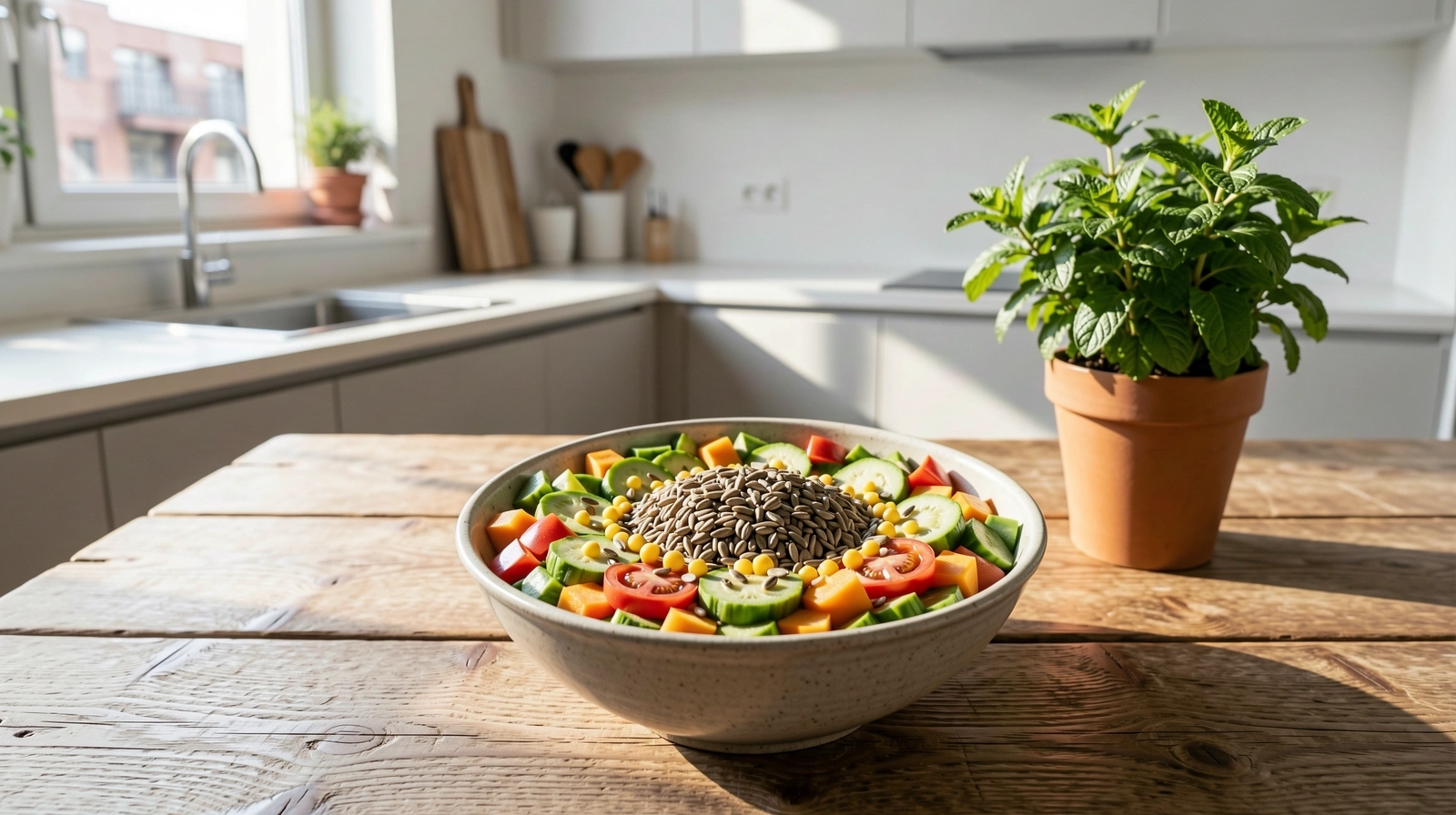 Frische Kräuter und Zitrusfrüchte in einer lichtdurchfluteten Küche