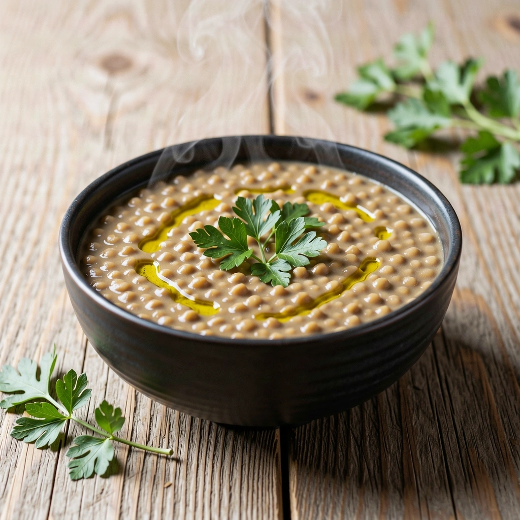 Dampfender Linseneintopf in einer rustikalen Schale