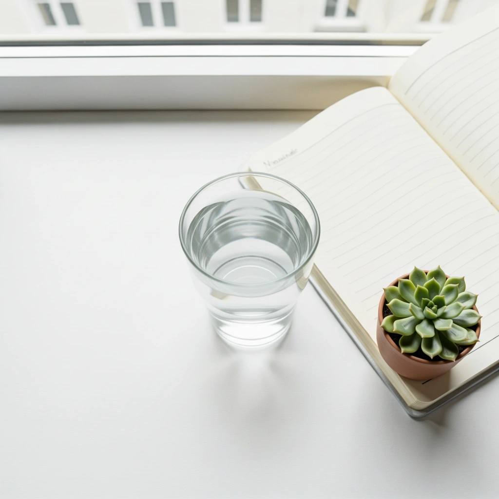 Ein Glas Wasser auf einem minimalistischen Schreibtisch