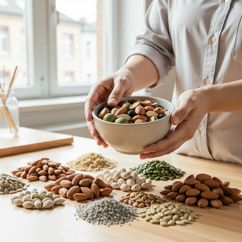 Hände sortieren Nüsse und Samen
